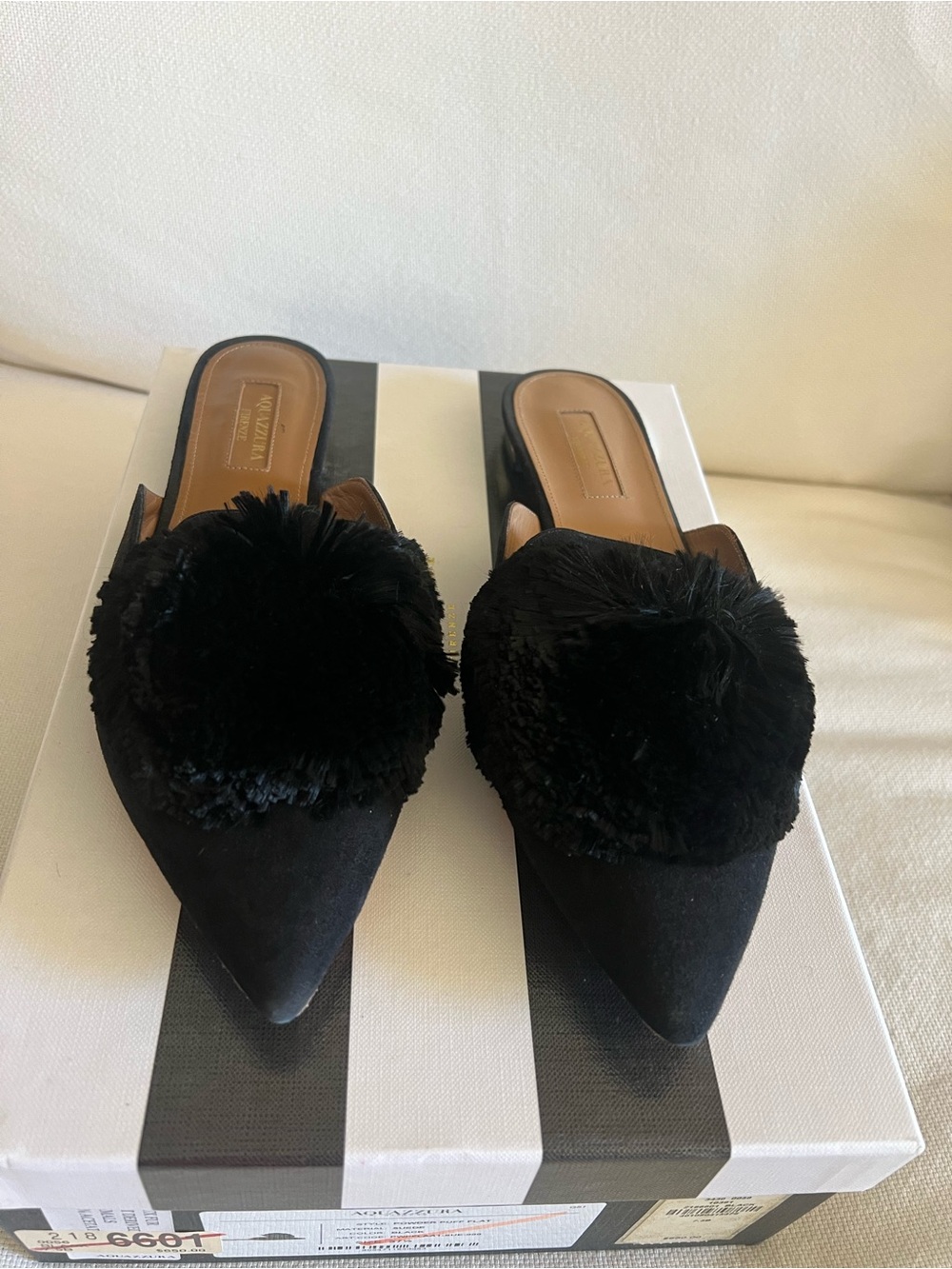 Aquazzura Black Pointed Pom-Pom Mules